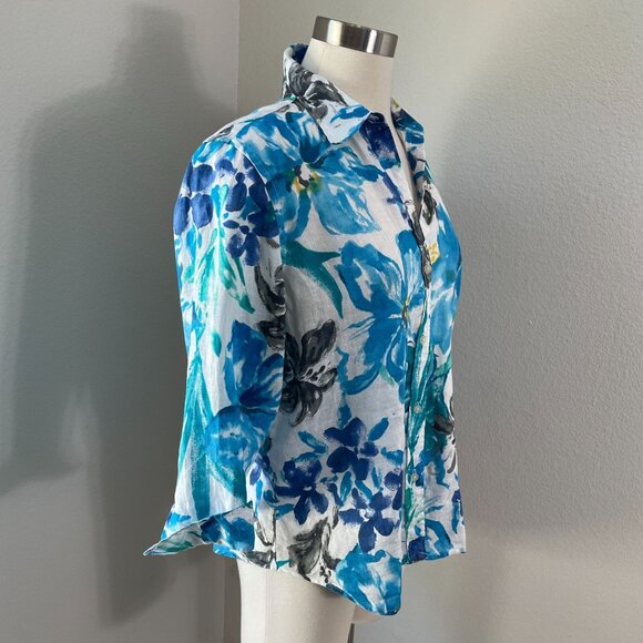 Lauren Ralph Lauren Womens Large Petite 100% Linen Floral Button Up Shirt Blouse - Picture 2 of 9